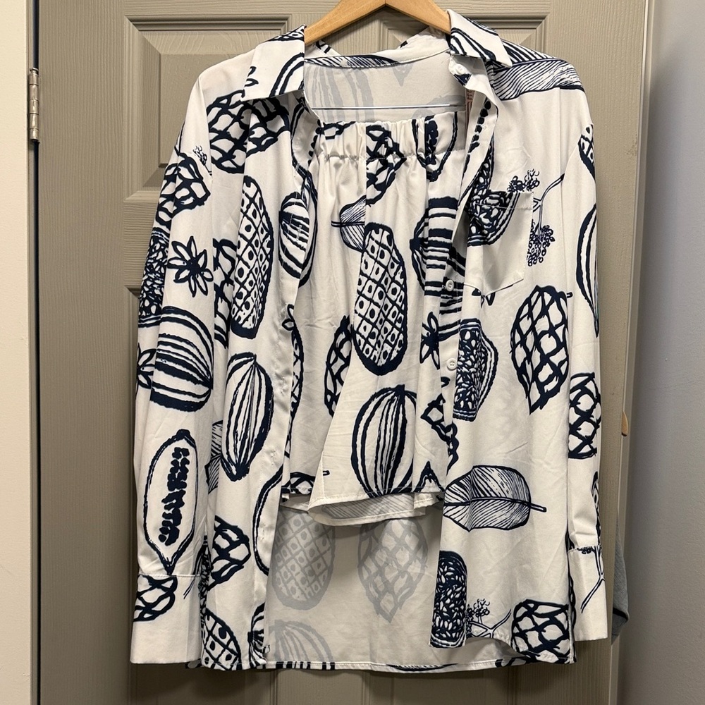 Navy and White Patterned Women's Shirt and Shorts Set